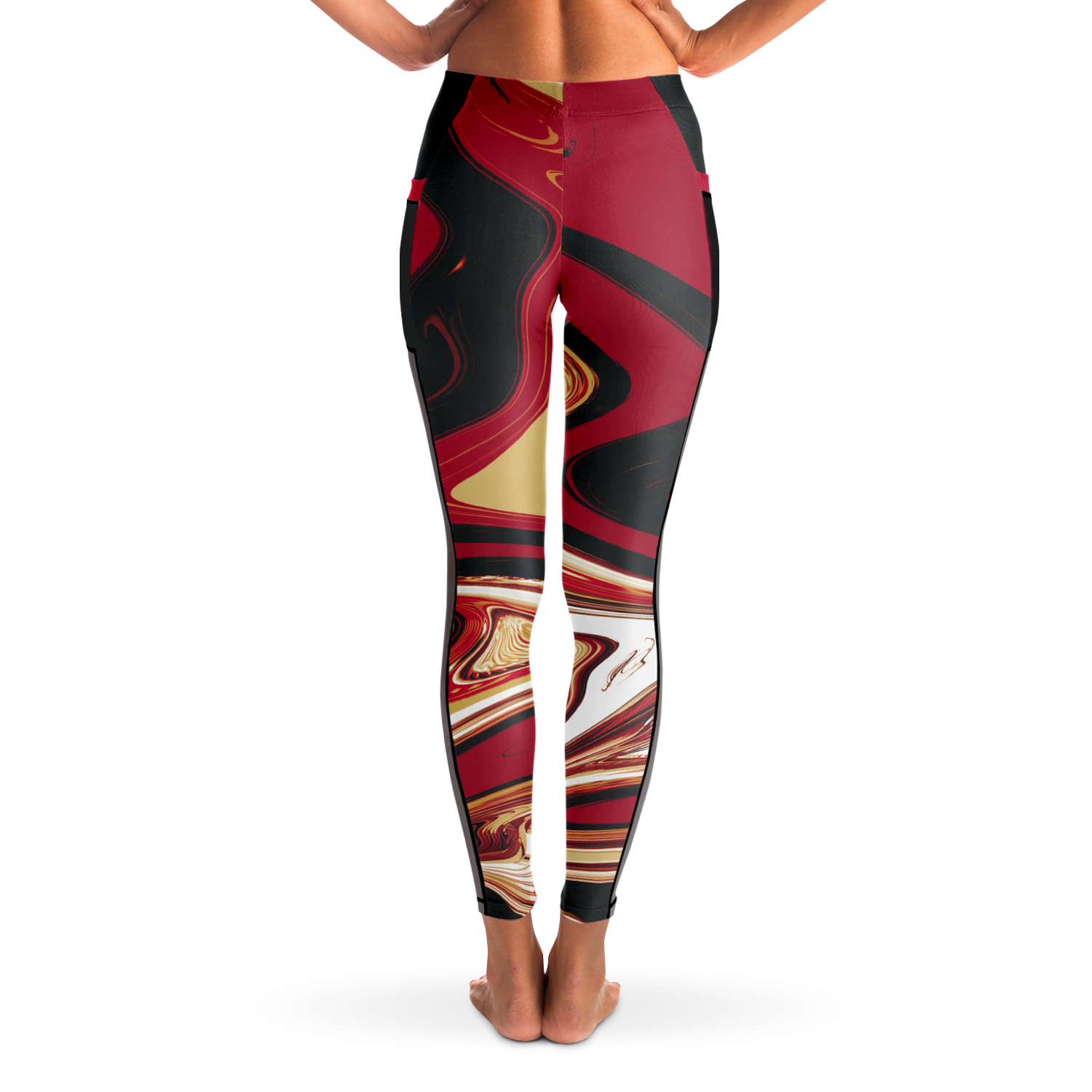 Suminagashi “Inferno Pearl” Leggings | Red & Gold Mesh Pocket Tights - Oni Threads