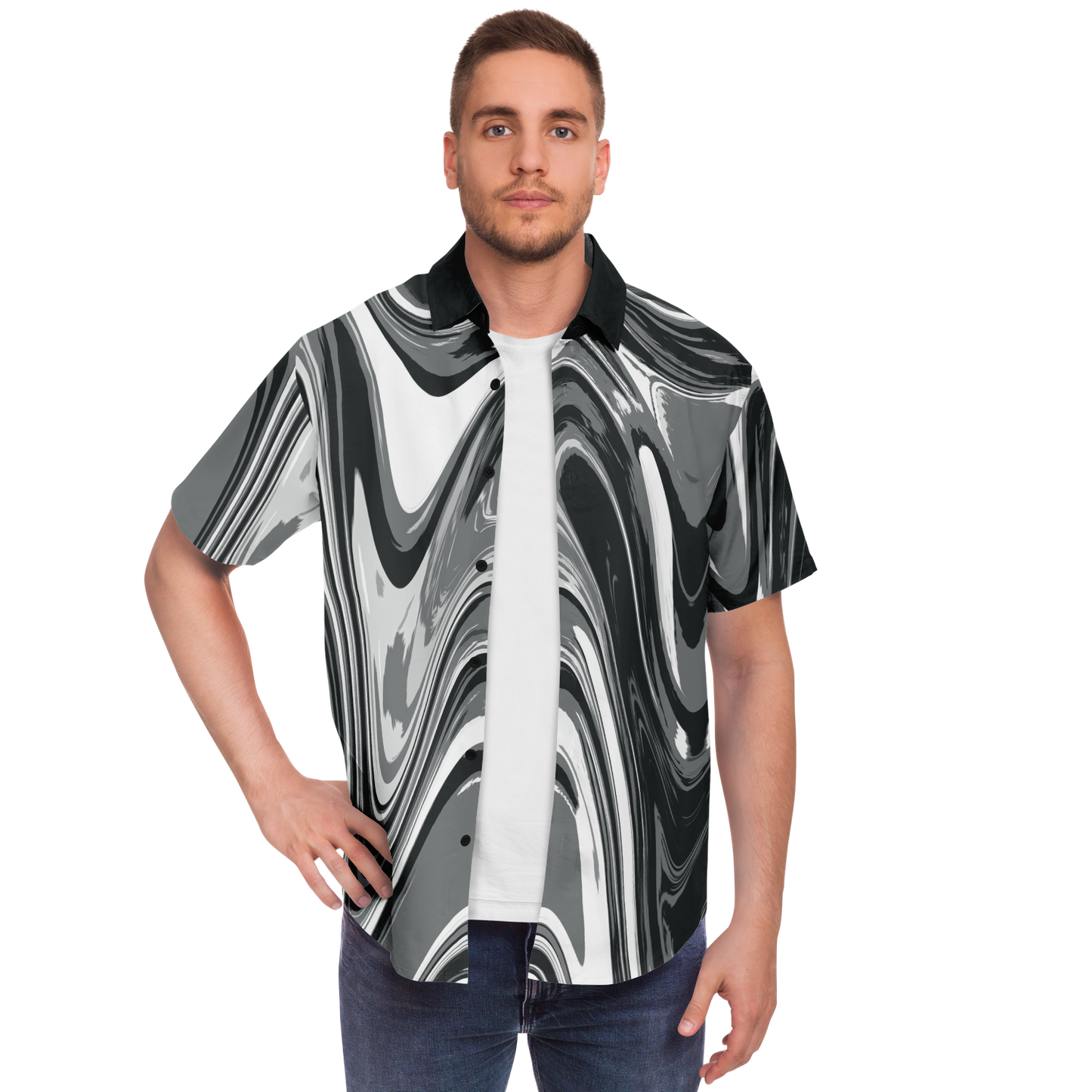 Charcoal Suminagashi Short Sleeve Button Down Shirt - Oni Threads