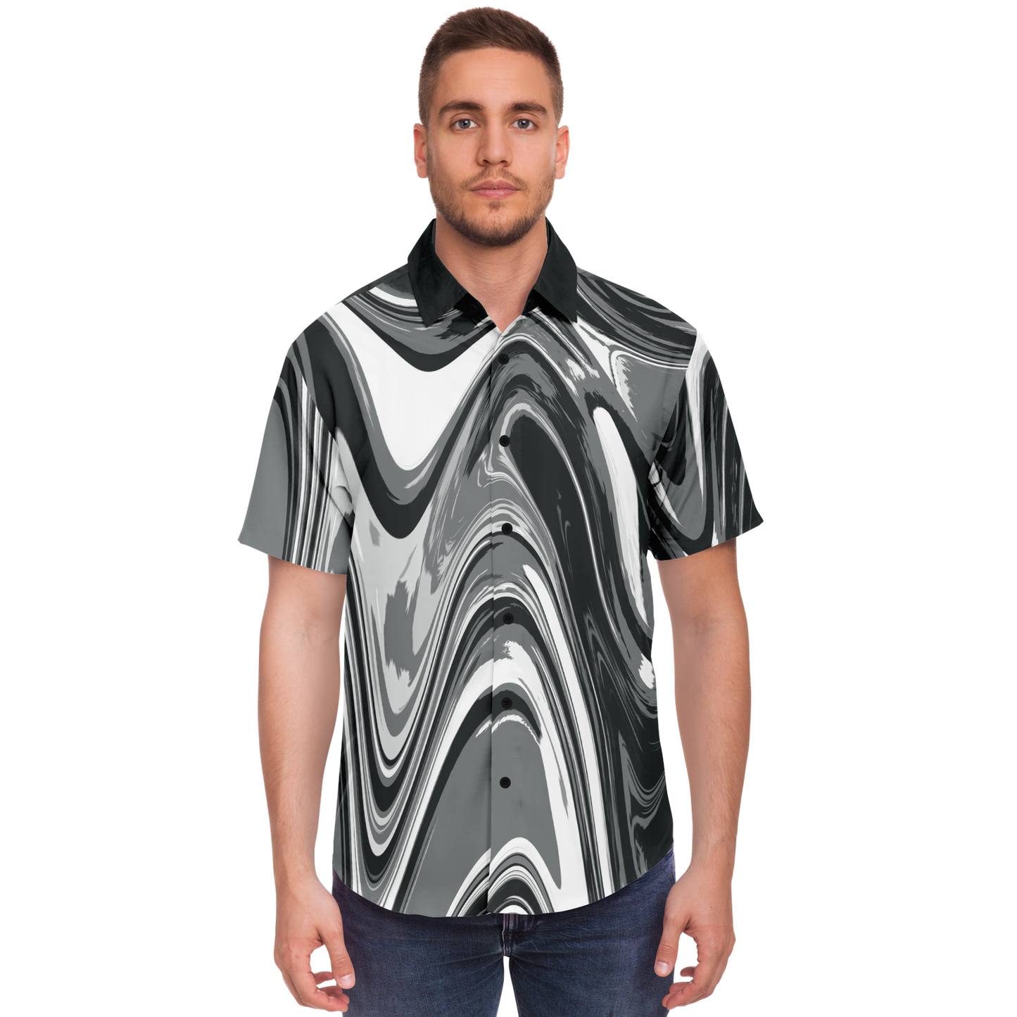 Charcoal Suminagashi Short Sleeve Button Down Shirt - Oni Threads