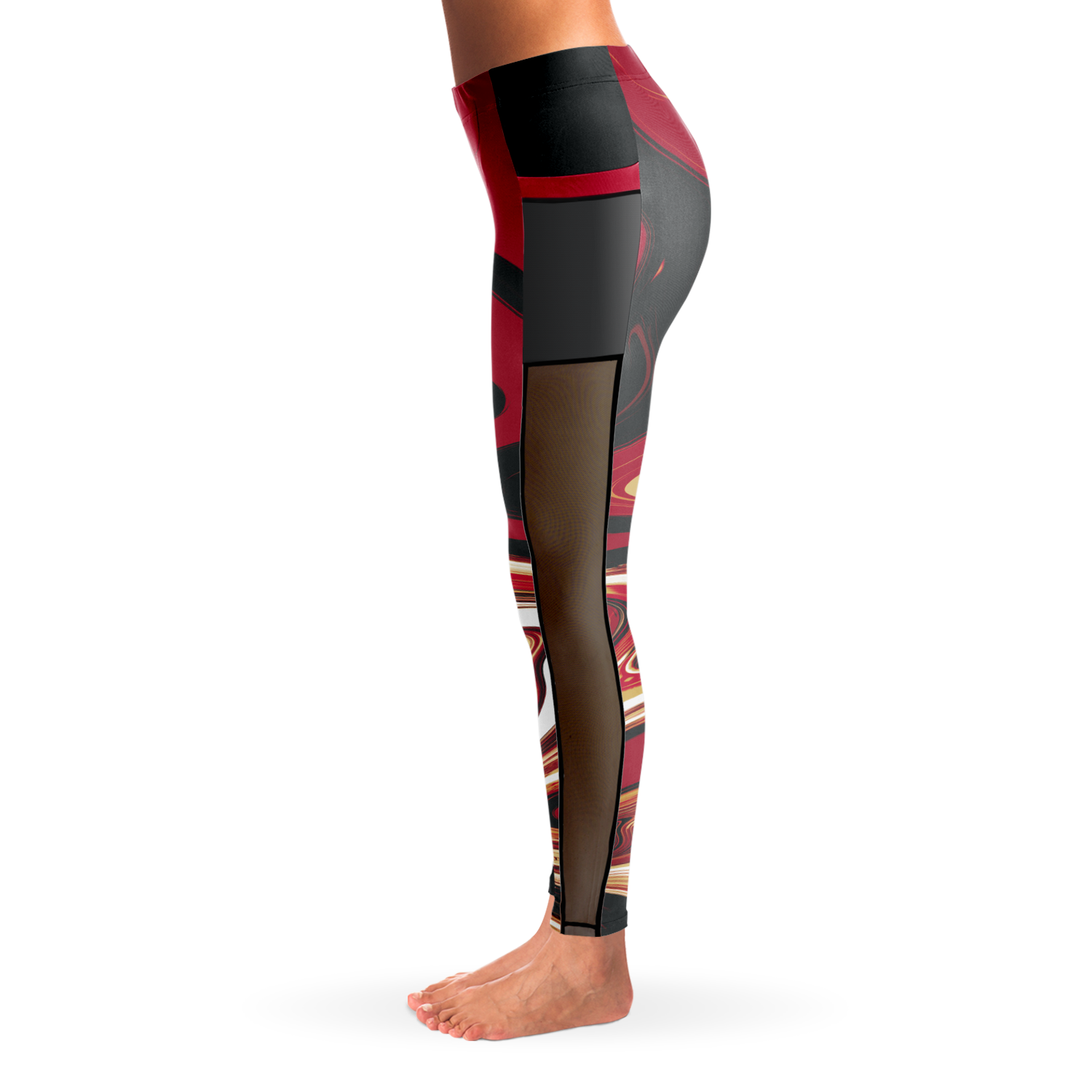 Suminagashi “Inferno Pearl” Leggings | Red & Gold Mesh Pocket Tights - Oni Threads