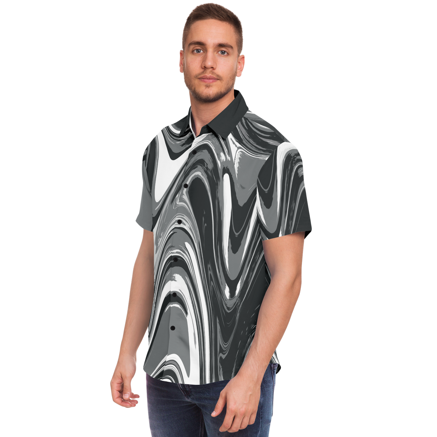 Charcoal Suminagashi Short Sleeve Button Down Shirt - Oni Threads