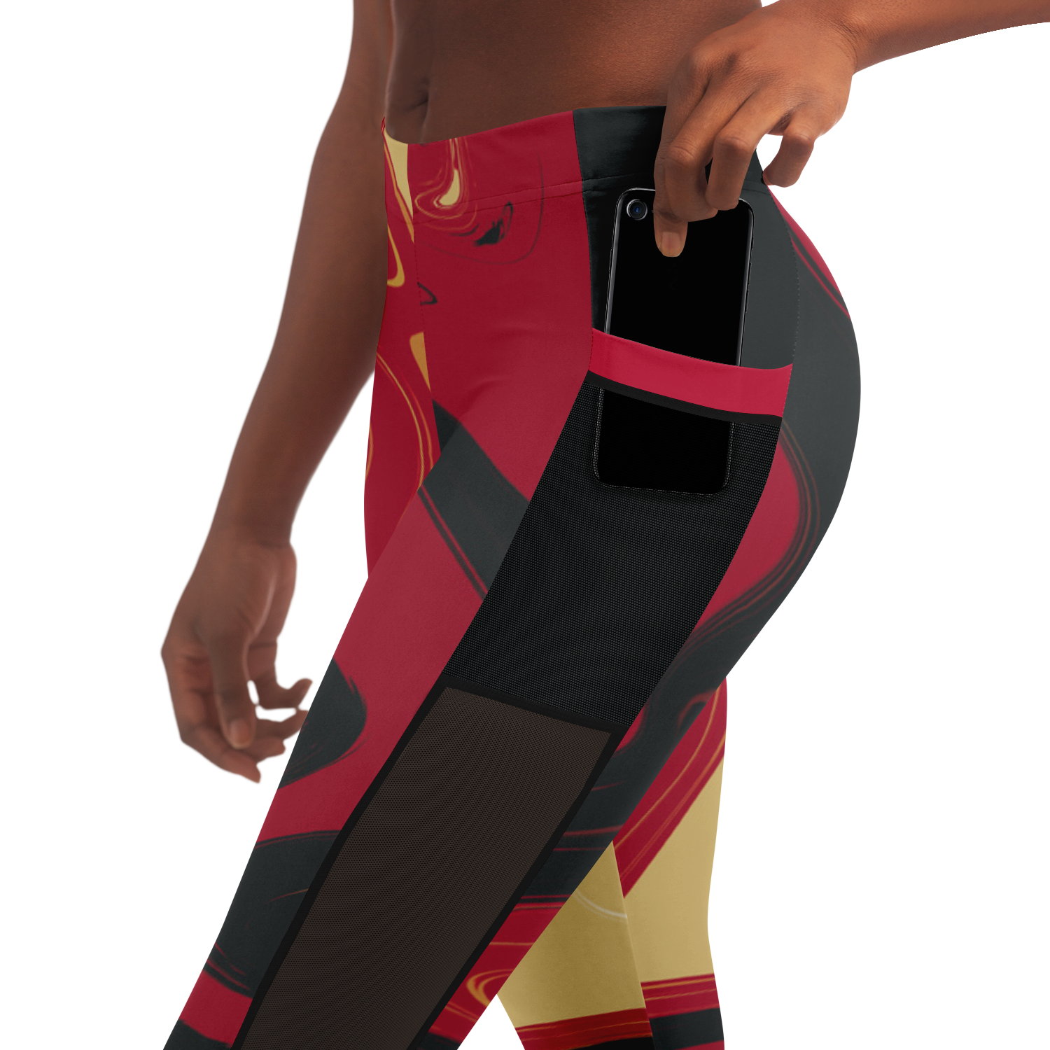 Suminagashi “Inferno Pearl” Leggings | Red & Gold Mesh Pocket Tights - Oni Threads