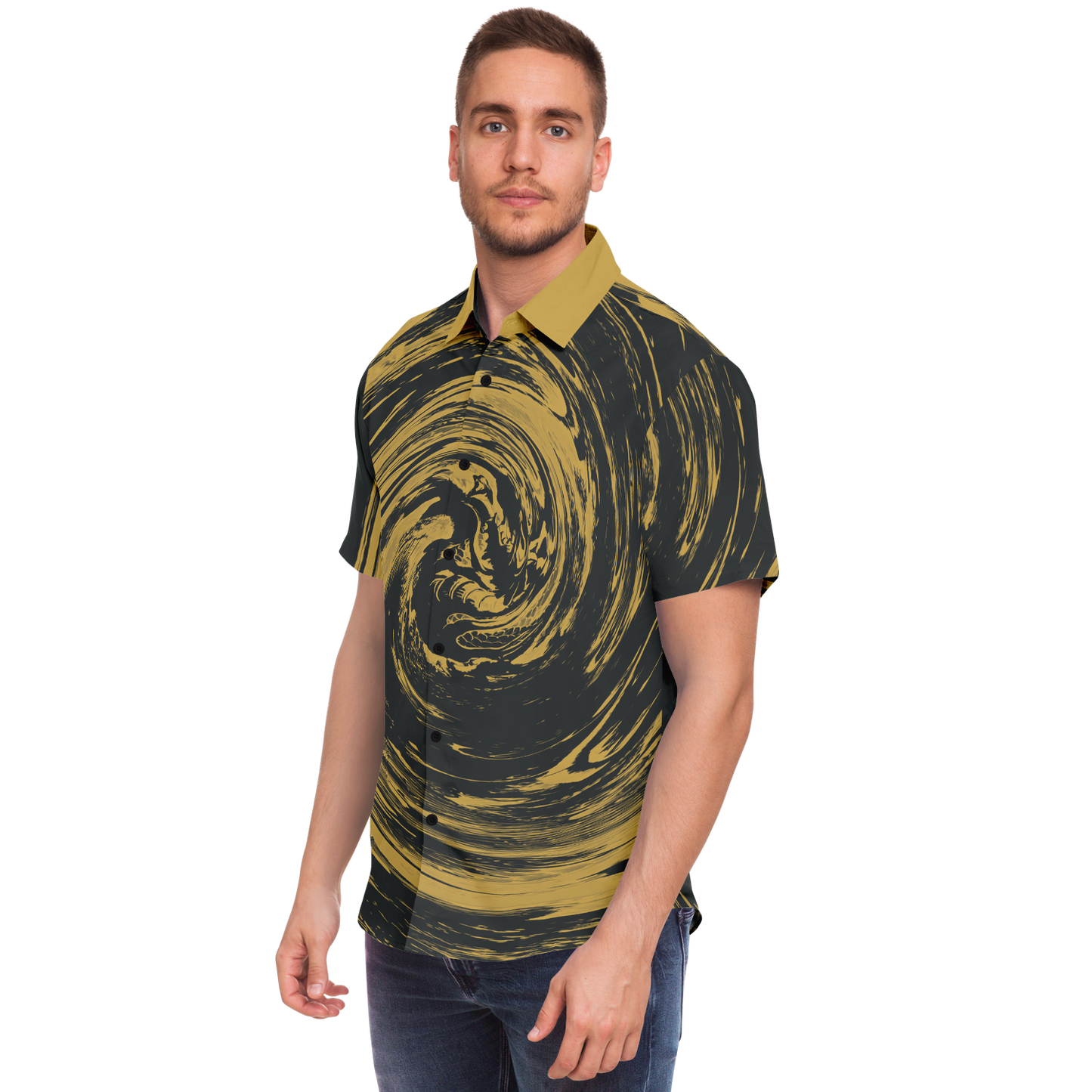 Gold Suminagashi Short Sleeve Button Down Shirt - Oni Threads
