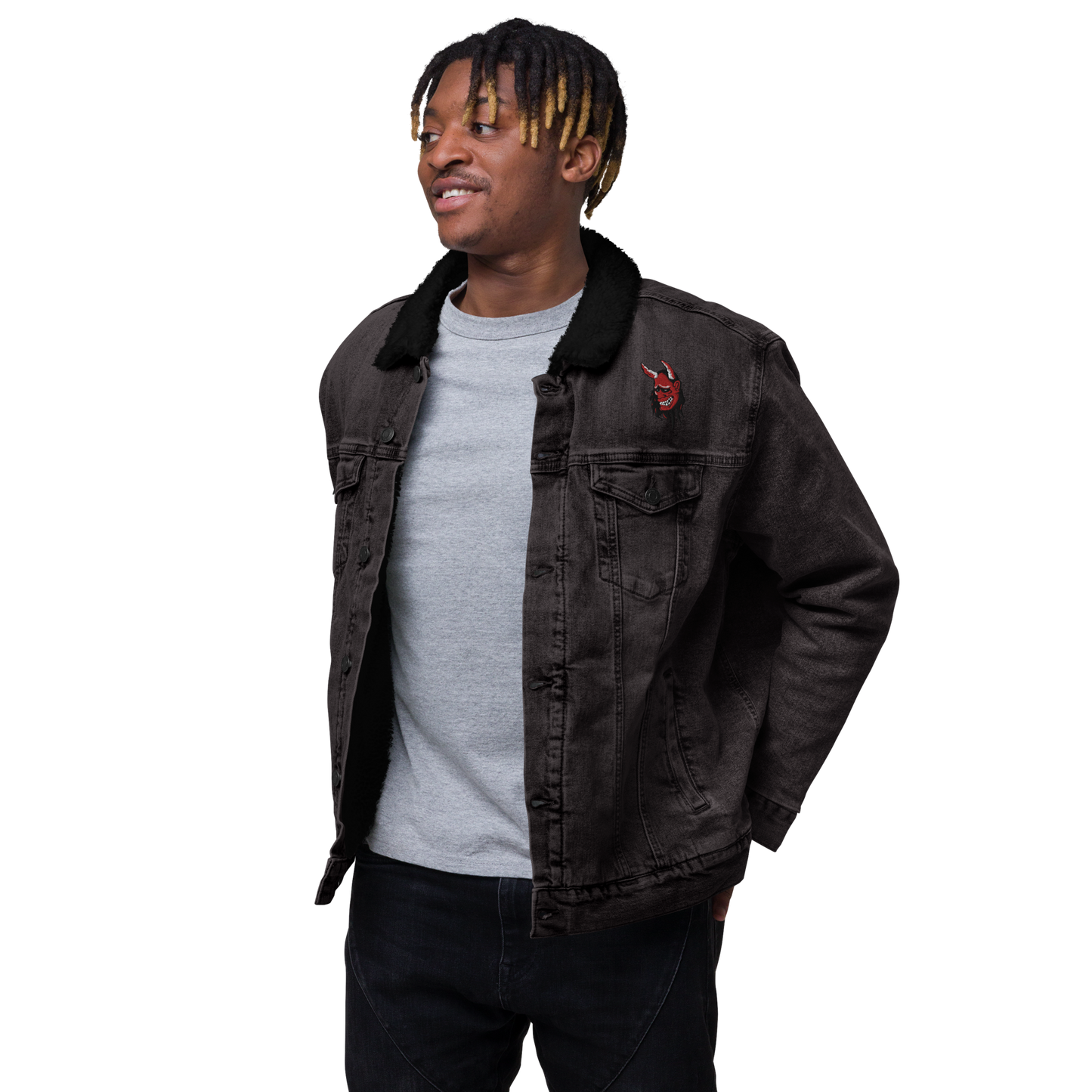 Oni Mask Angry Unisex denim sherpa jacket - Oni Threads