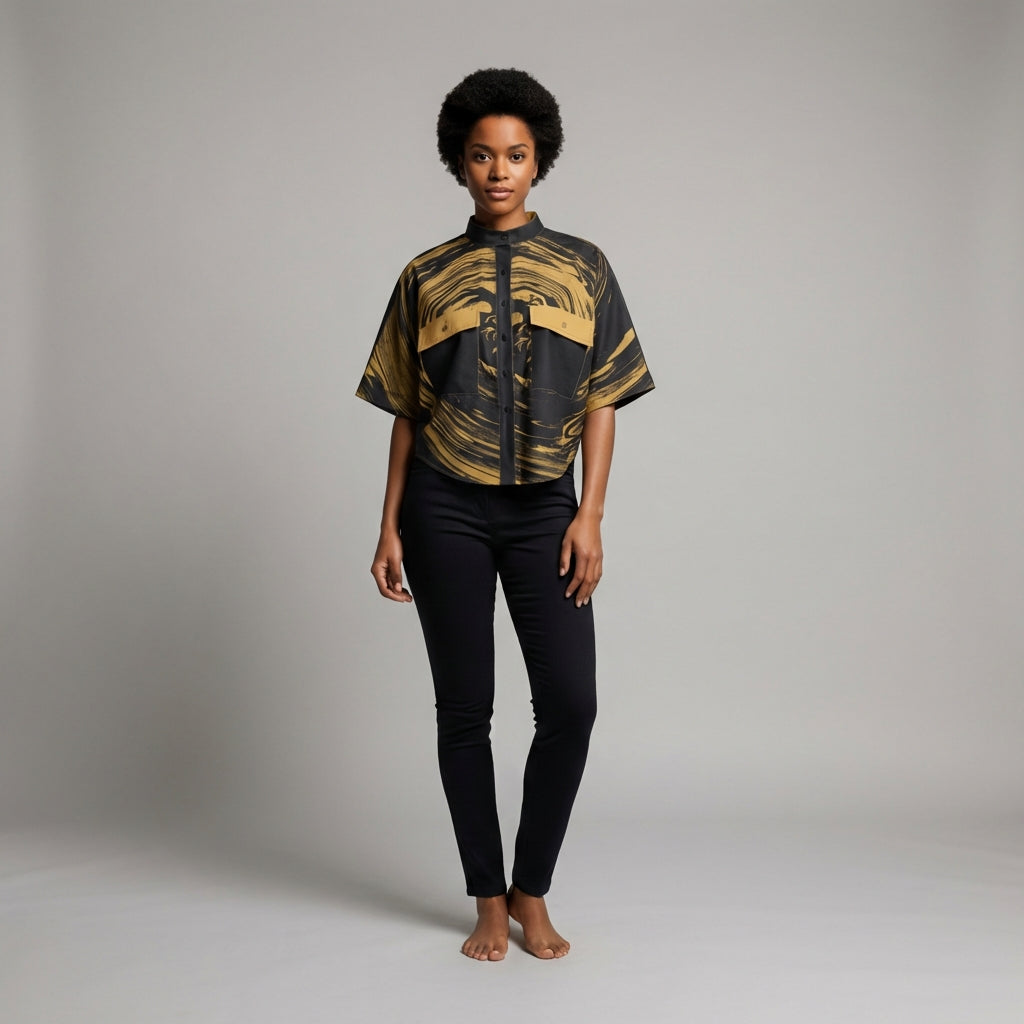 Suminagashi “Gilded Abyss” Cropped Kimono Sleeve Blouse