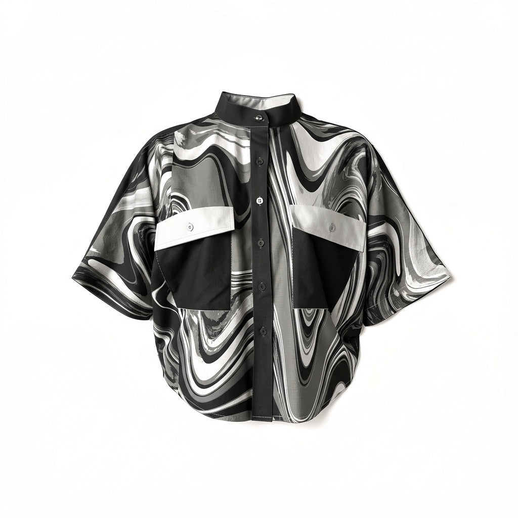 Iron Smoke Suminagashi Cropped Kimono Sleeve Blouse