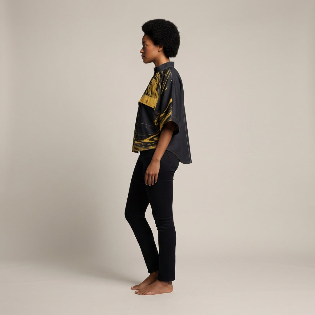 Suminagashi “Gilded Abyss” Cropped Kimono Sleeve Blouse