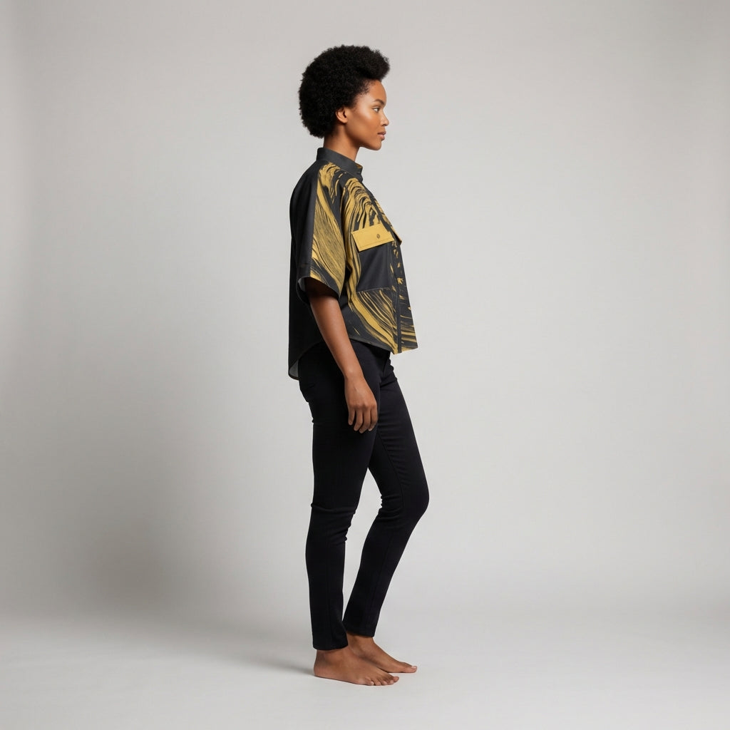 Suminagashi “Gilded Abyss” Cropped Kimono Sleeve Blouse