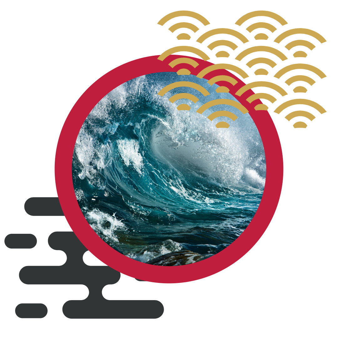 Circular graphic with a blue wave, red border, and yellow wave patterns on a white background.