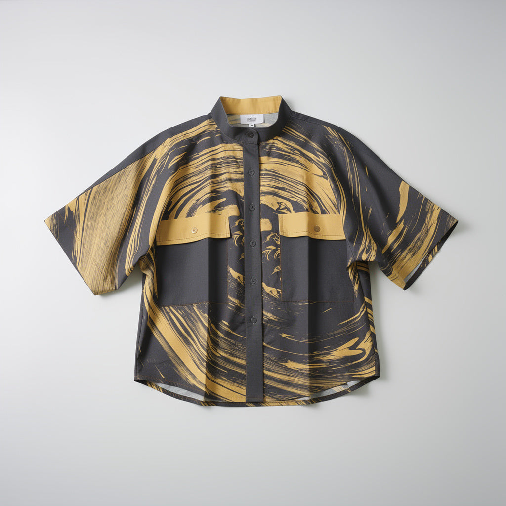 Suminagashi “Gilded Abyss” Cropped Kimono Sleeve Blouse