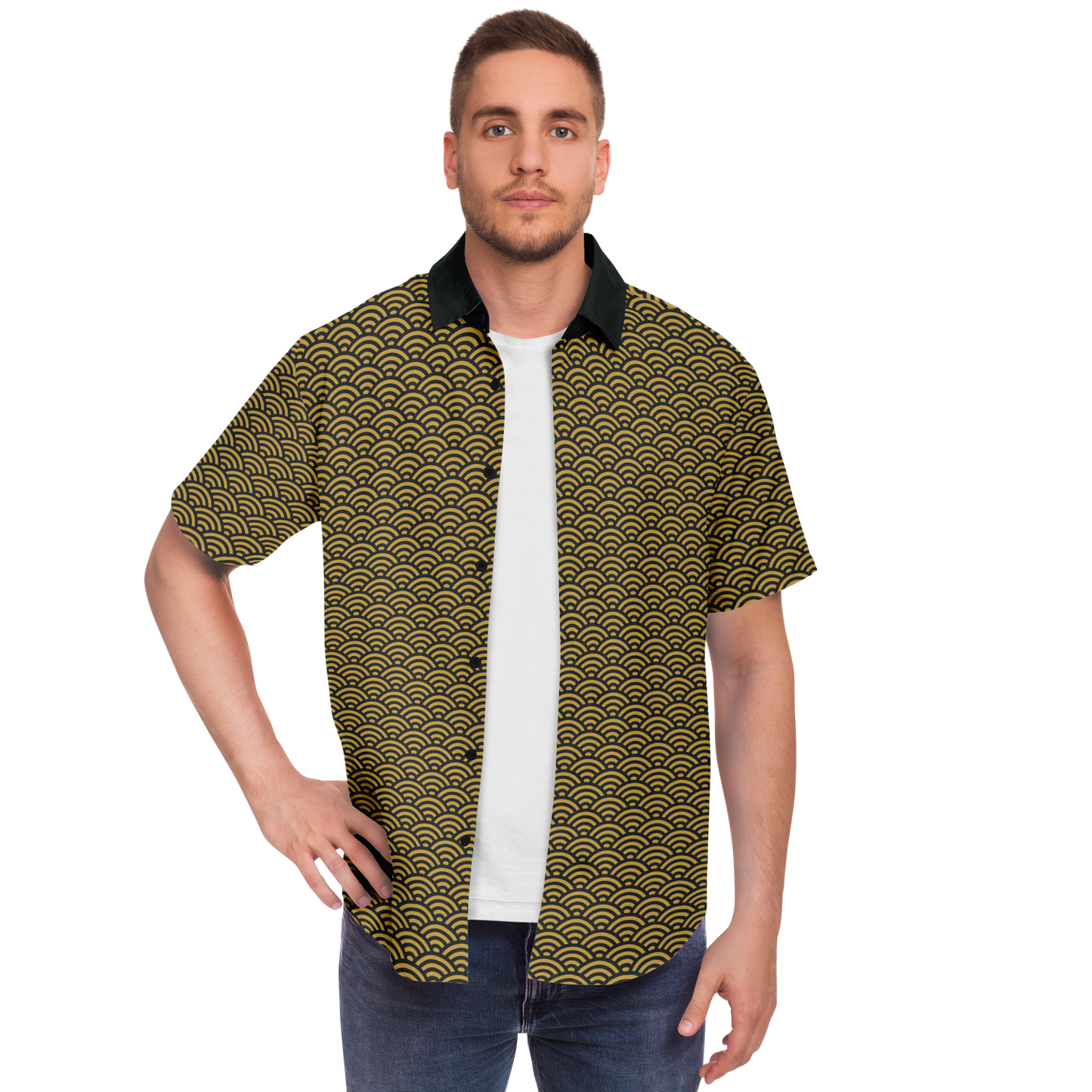 Gold Seigaiha Short Sleeve Button Down