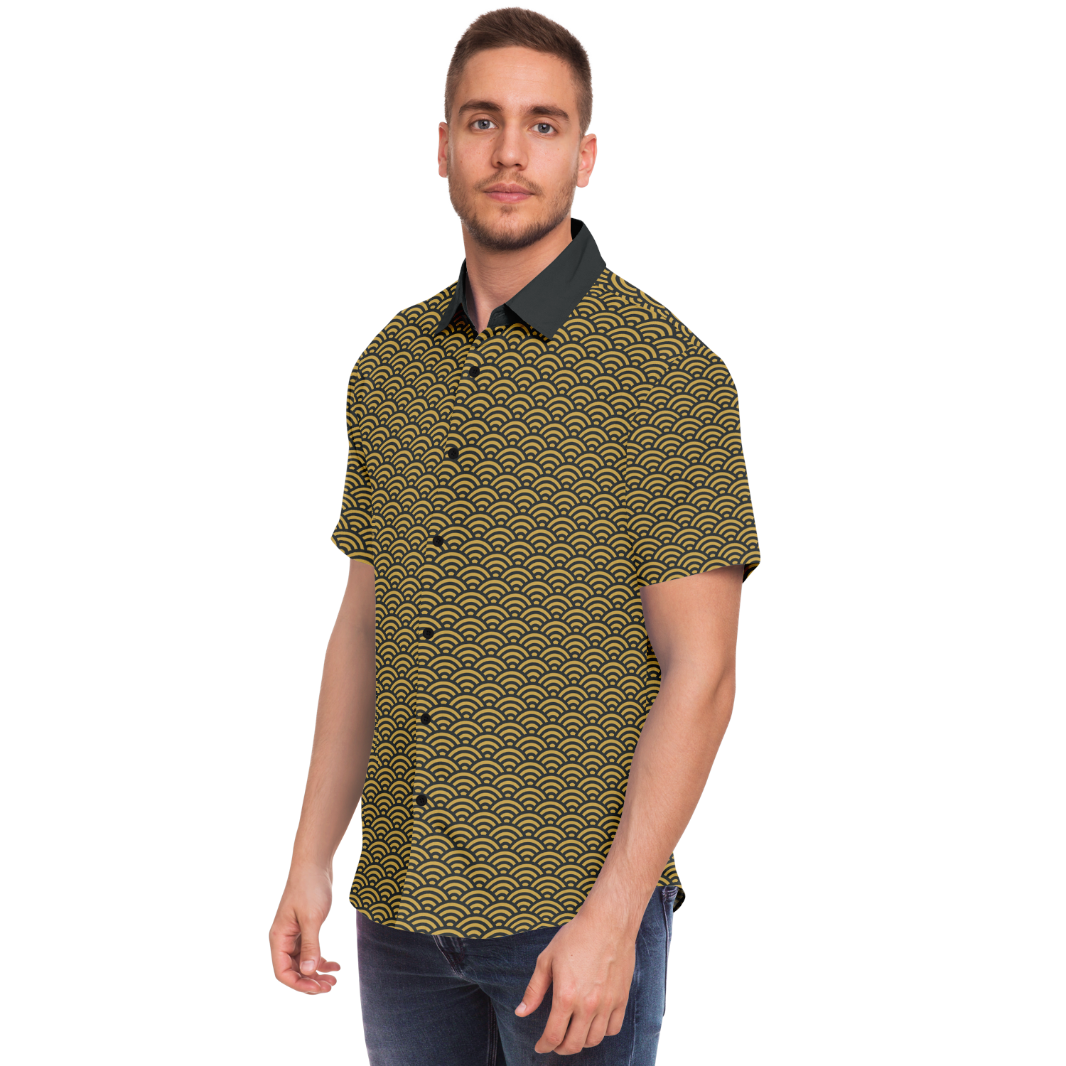 Gold Seigaiha Short Sleeve Button Down - Oni Threads