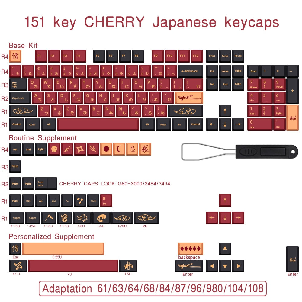 Samurai PBT Key Cap Dye Sub English Japanese Keycaps for GM Cherry MX Switch Mechanical Keyboard - Oni Threads