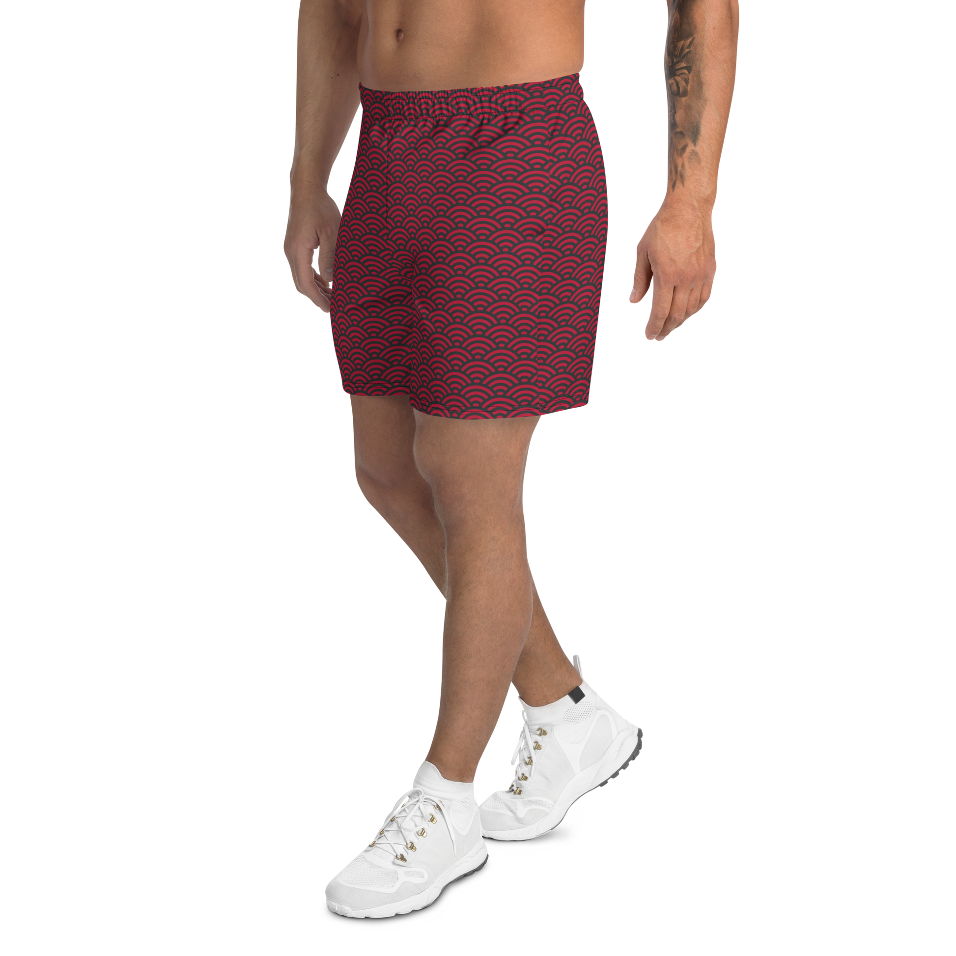 Red Seigaiha Men's Athletic Long Shorts - Oni Threads