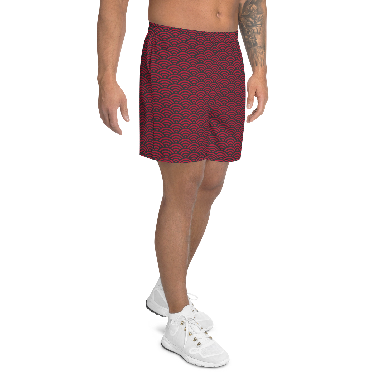 Red Seigaiha Men's Athletic Long Shorts - Oni Threads