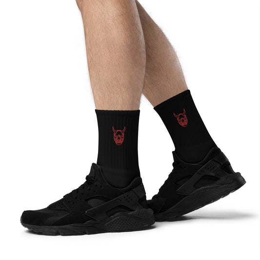 Line Art Japanese Demon Oni Mask Logo Embroidered socks - Oni Threads