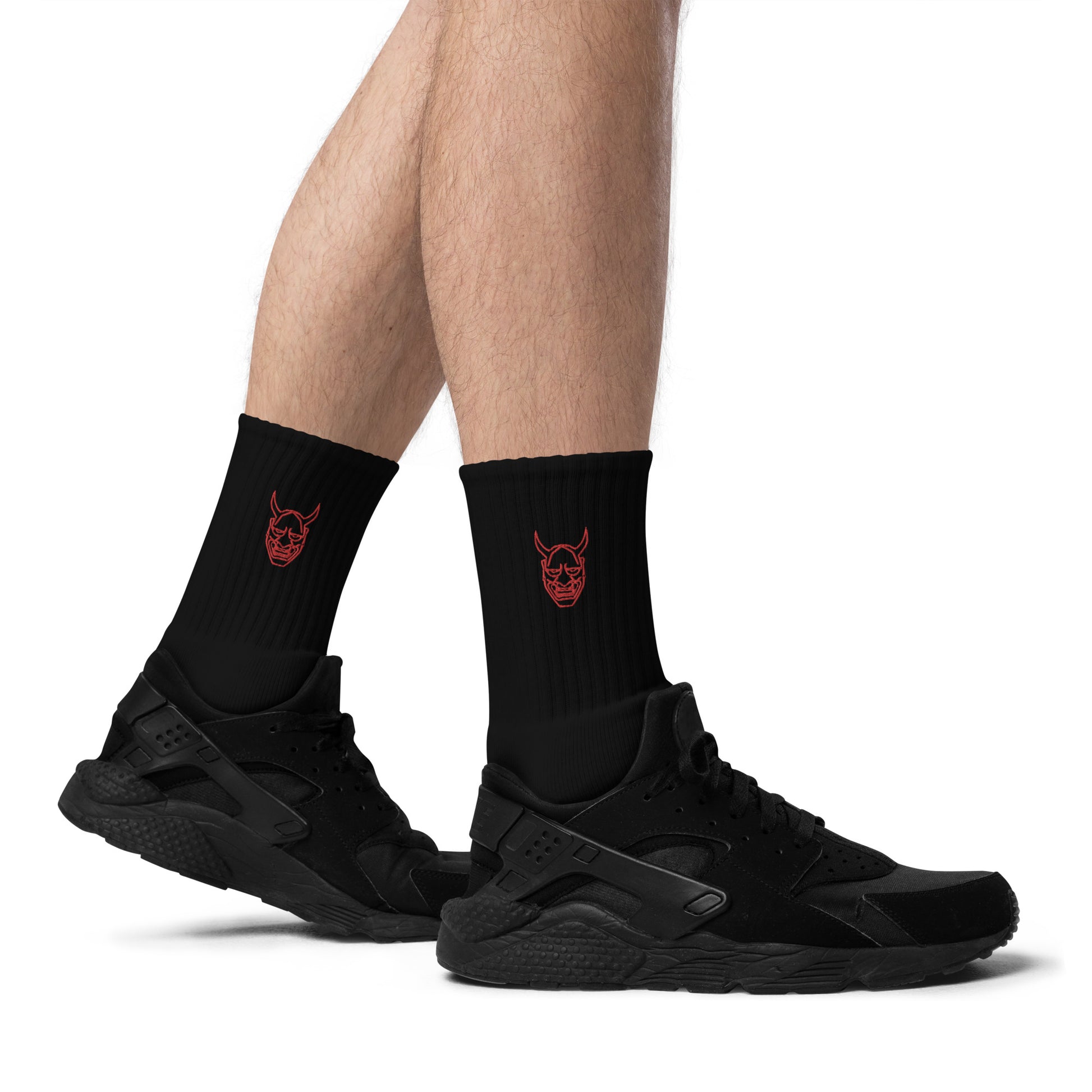 Line Art Japanese Demon Oni Mask Logo Embroidered socks - Oni Threads