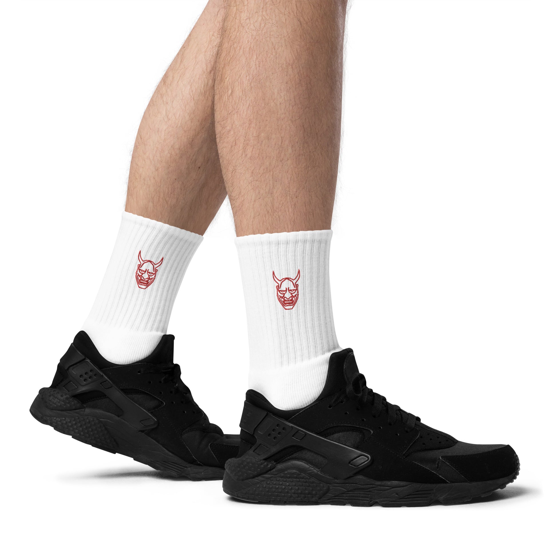 Line Art Japanese Demon Oni Mask Logo Embroidered socks - Oni Threads