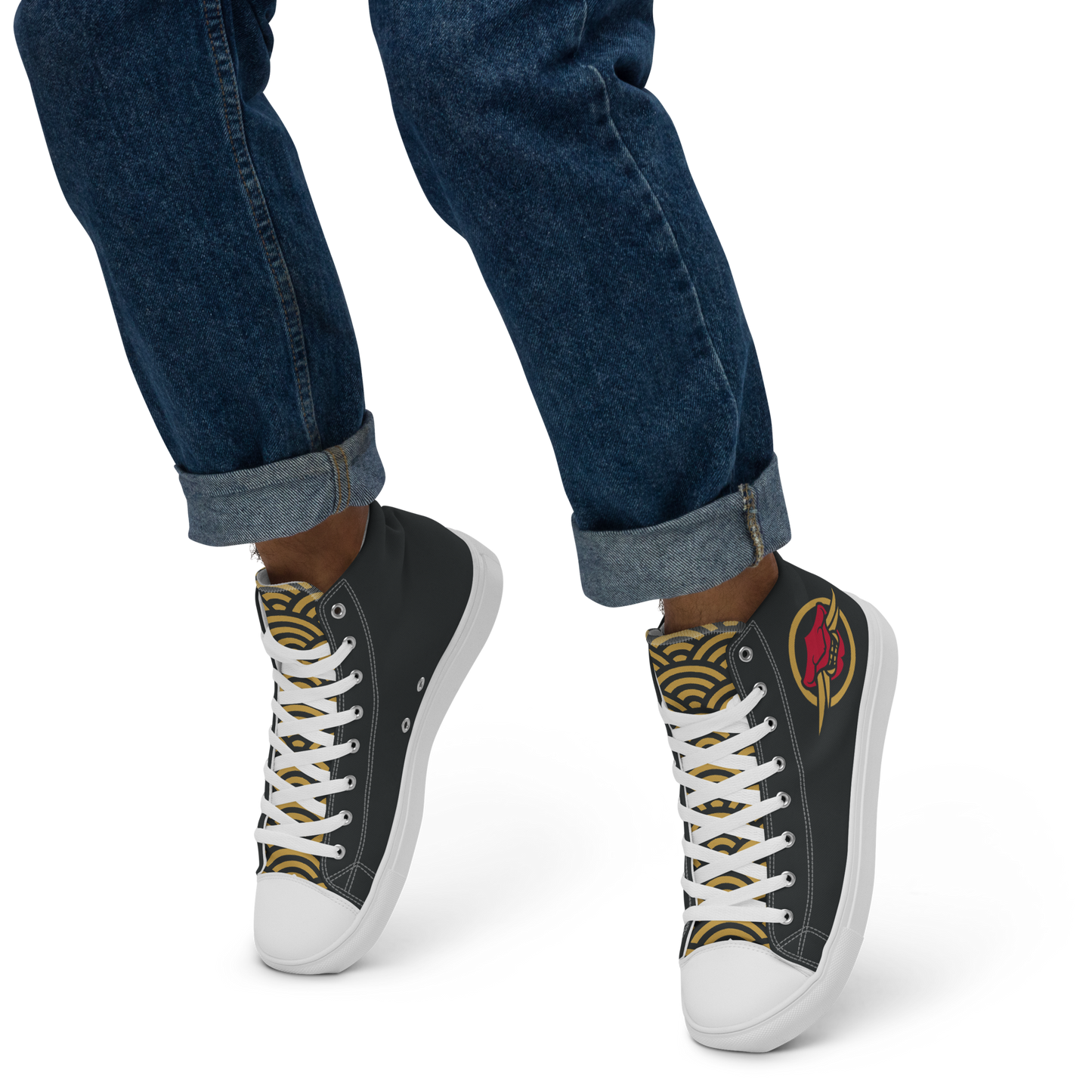 Gold Seigaiha Men’s high top canvas shoes - Oni Threads