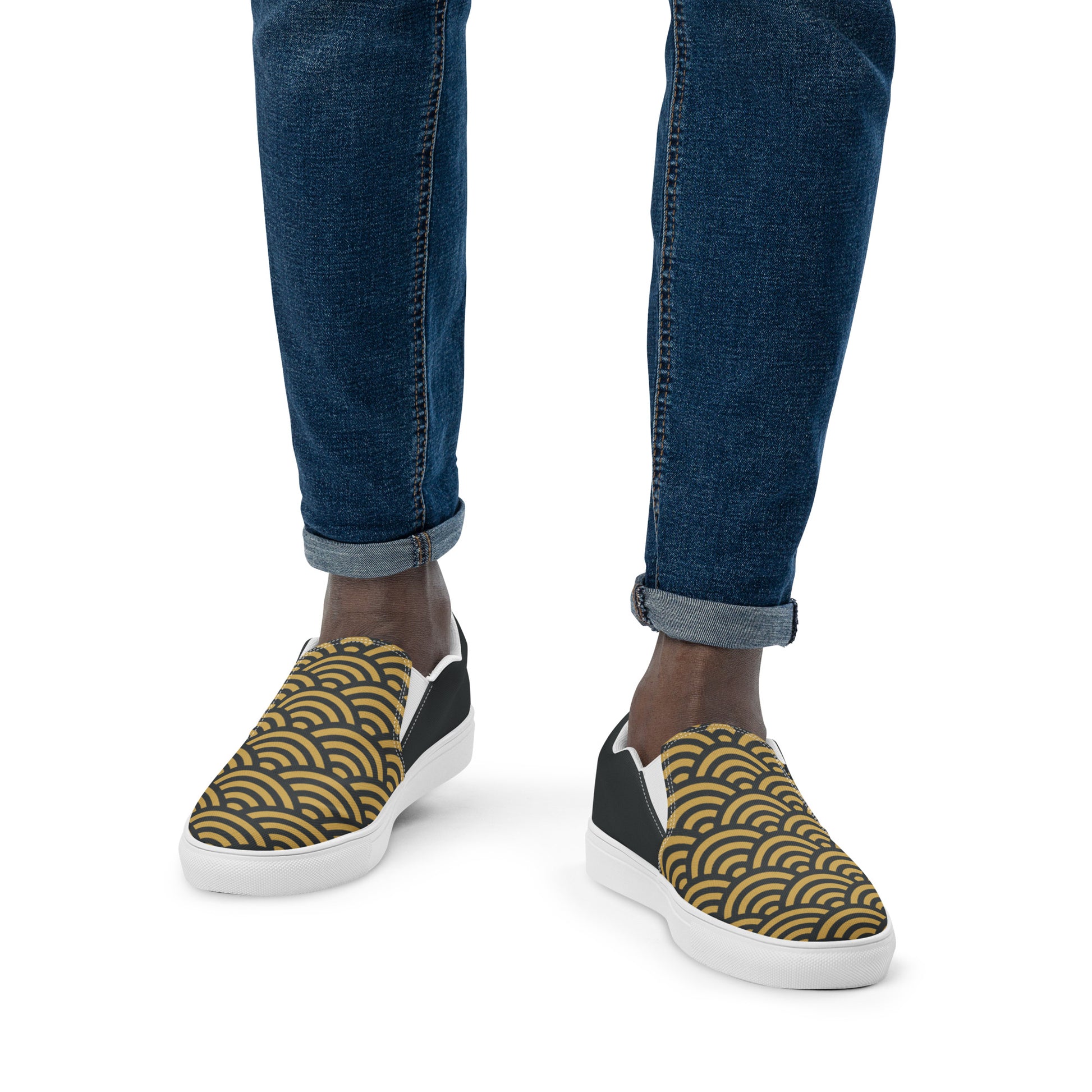 Gold Seigaiha Men’s slip-on canvas shoes - Oni Threads