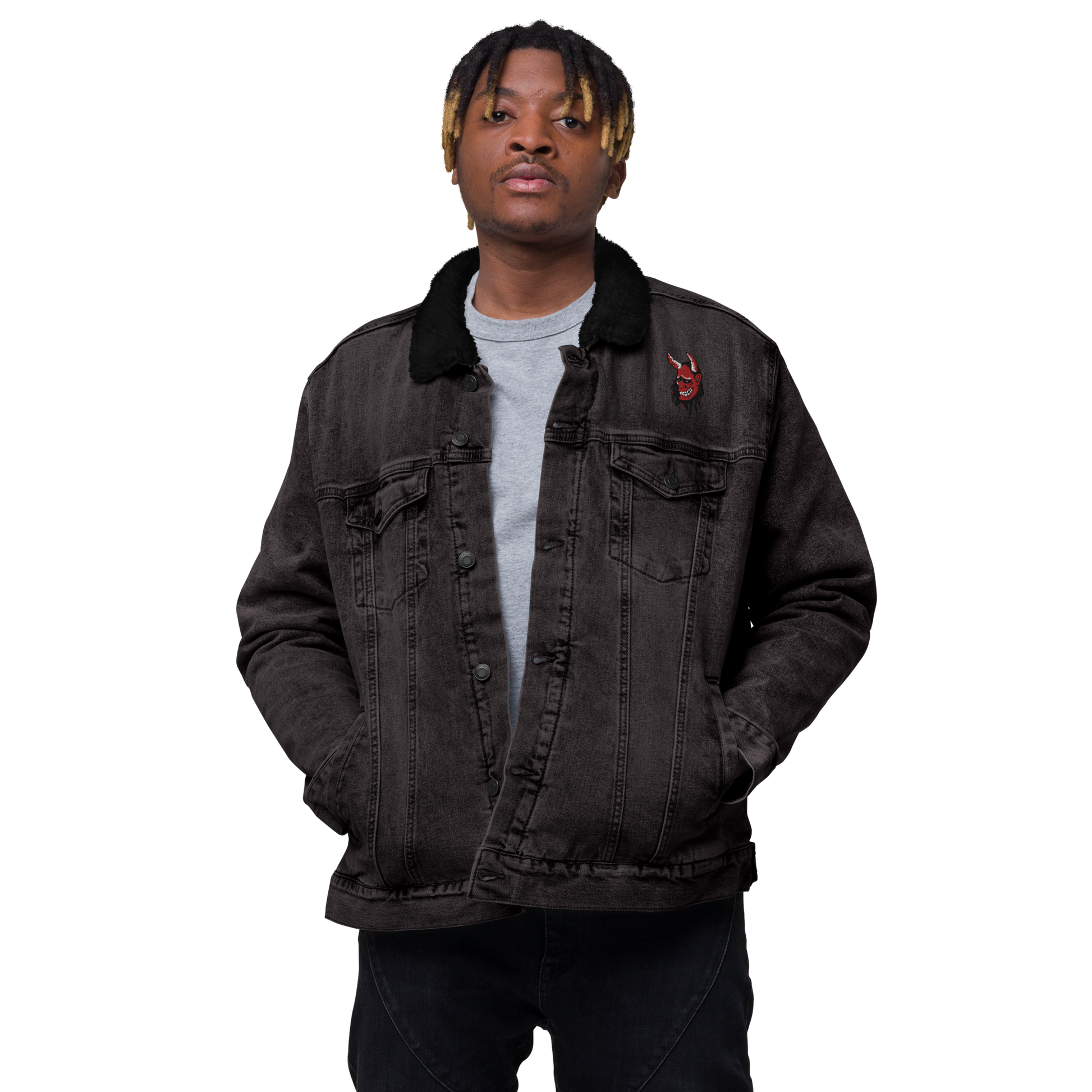 Oni Mask Angry Unisex denim sherpa jacket - Oni Threads